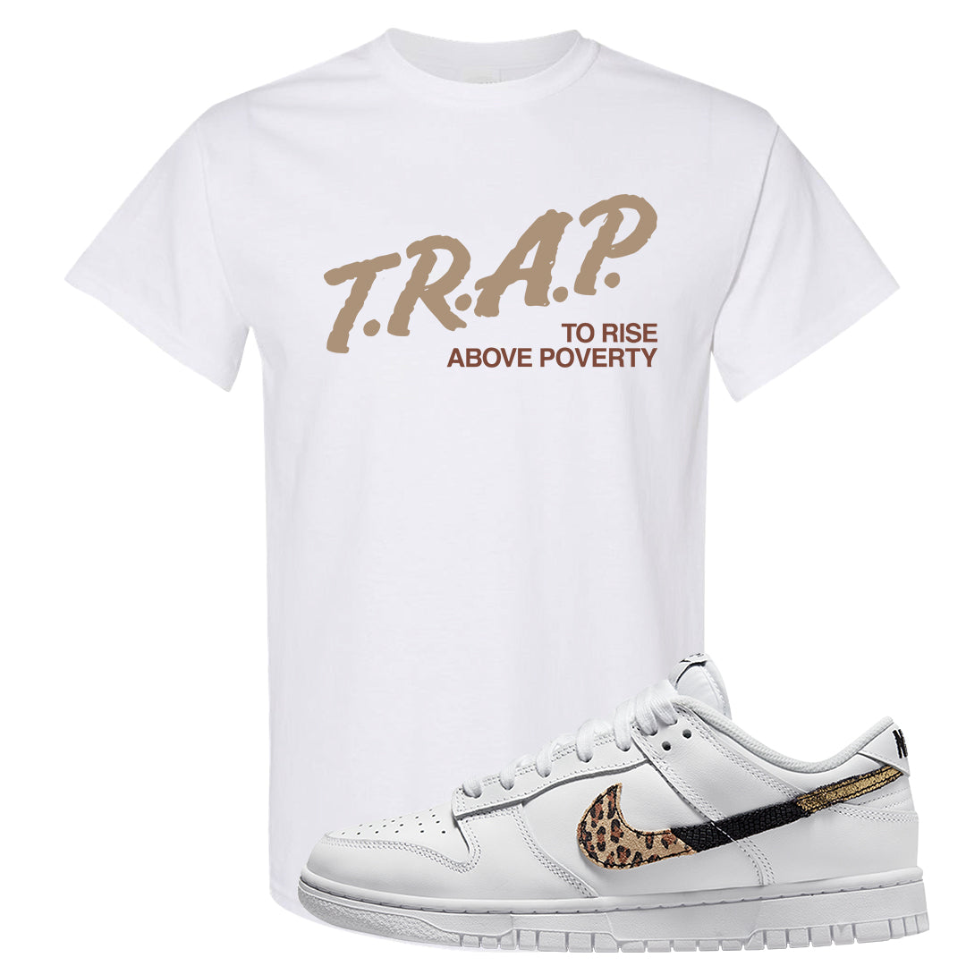 Primal White Leopard Low Dunks T Shirt | Trap To Rise Above Poverty, White