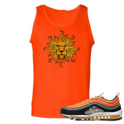 Printed on the front of the Air Max 97 Sunburst sneaker matching orange tank top is the vintage lion head logo