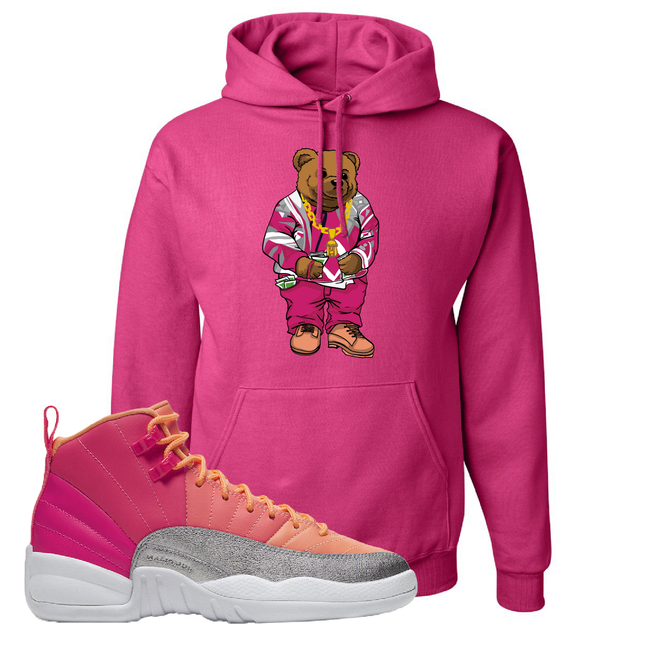 Air Jordan 12 GS Hot Punch Biggie Bear Cyber Pink Sneaker Matching Pullover Hoodie
