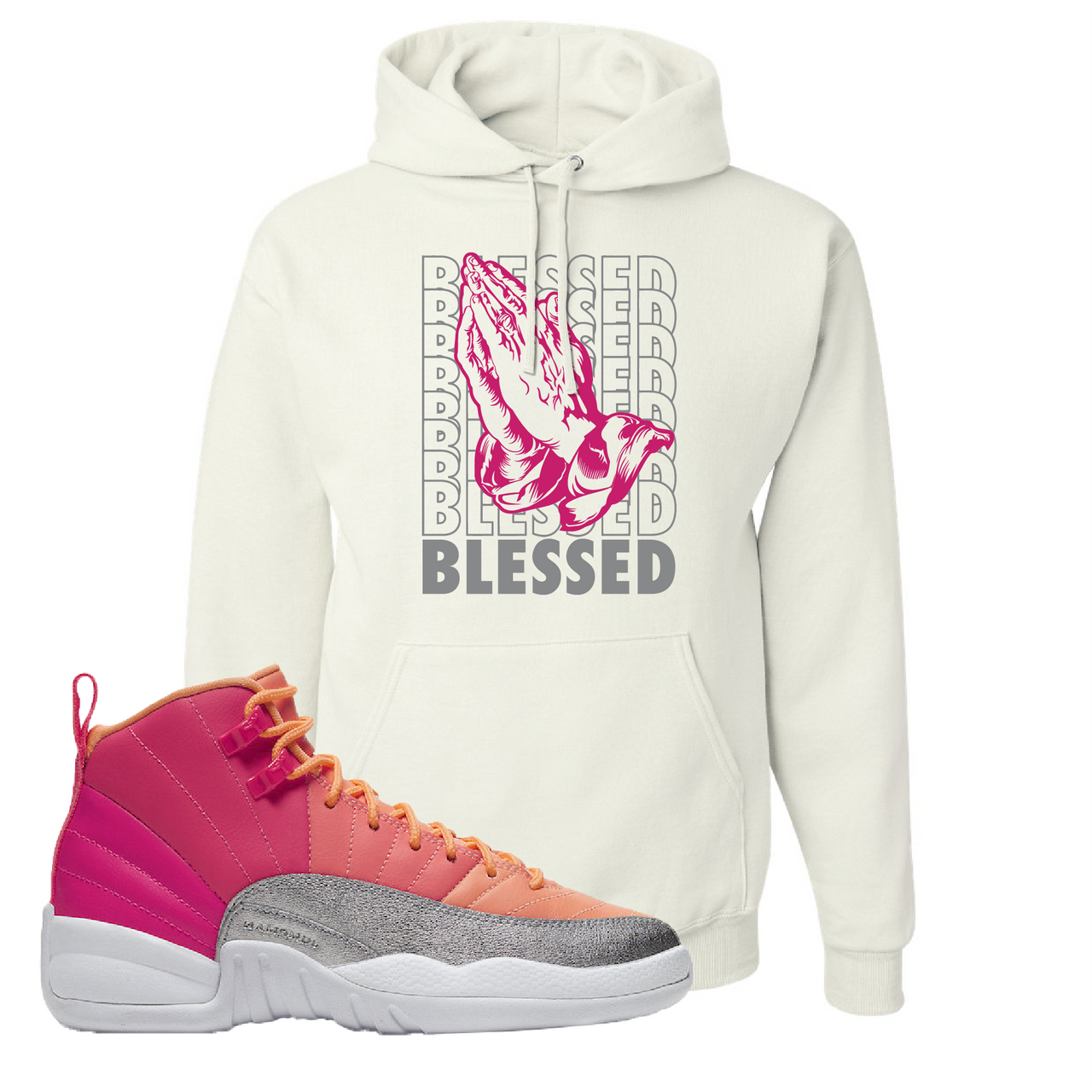 Air Jordan 12 GS Hot Punch Blessed White Sneaker Matching Pullover Hoodie
