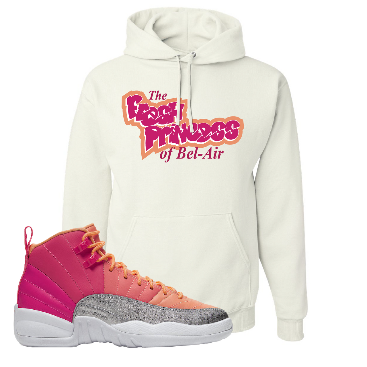 Air Jordan 12 GS Hot Punch Fresh Princess of Bel Air White Sneaker Matching Pullover Hoodie