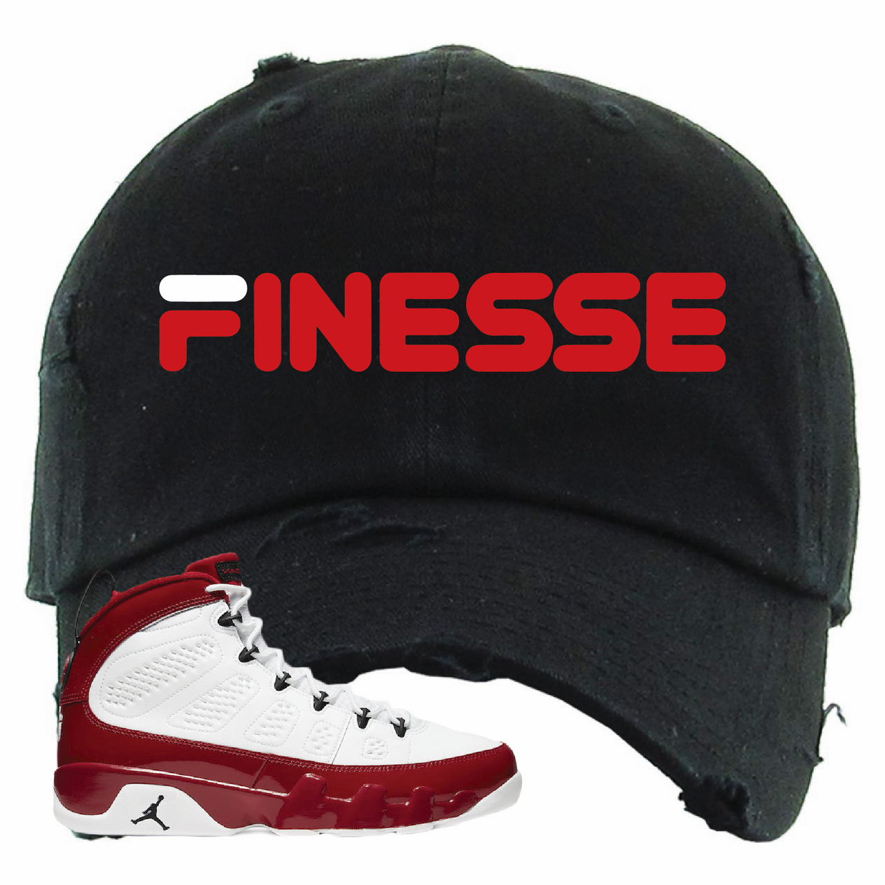 Jordan 9 Gym Red Finesse Black Sneaker Hook Up Distressed Dad Hat