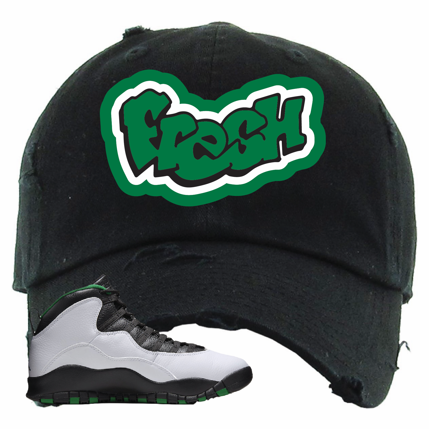 Air Jordan 10 Seattle SuperSonics Fresh Black Sneaker Matching Distressed Dad Hat