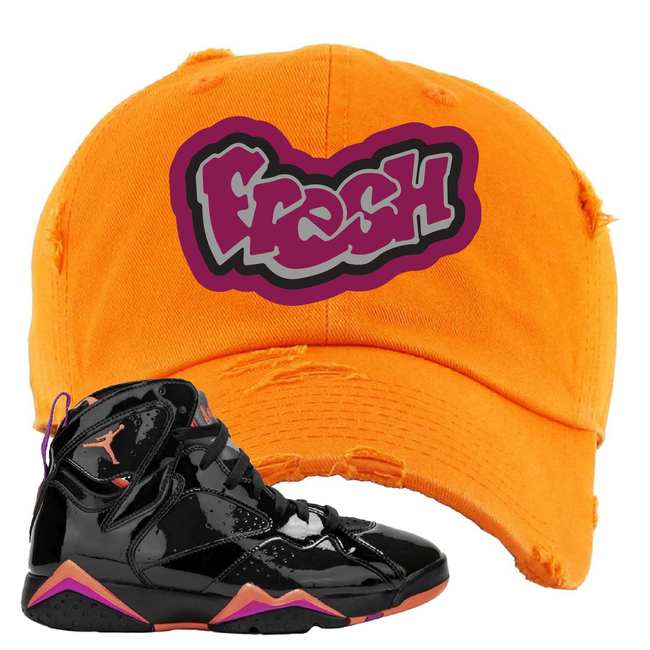Jordan 7 WMNS Black Patent Leather Fresh Orange Sneaker Hook Up Distressed Dad Hat