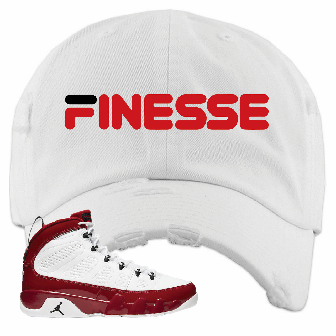 Jordan 9 Gym Red Finesse White Sneaker Hook Up Distressed Dad Hat