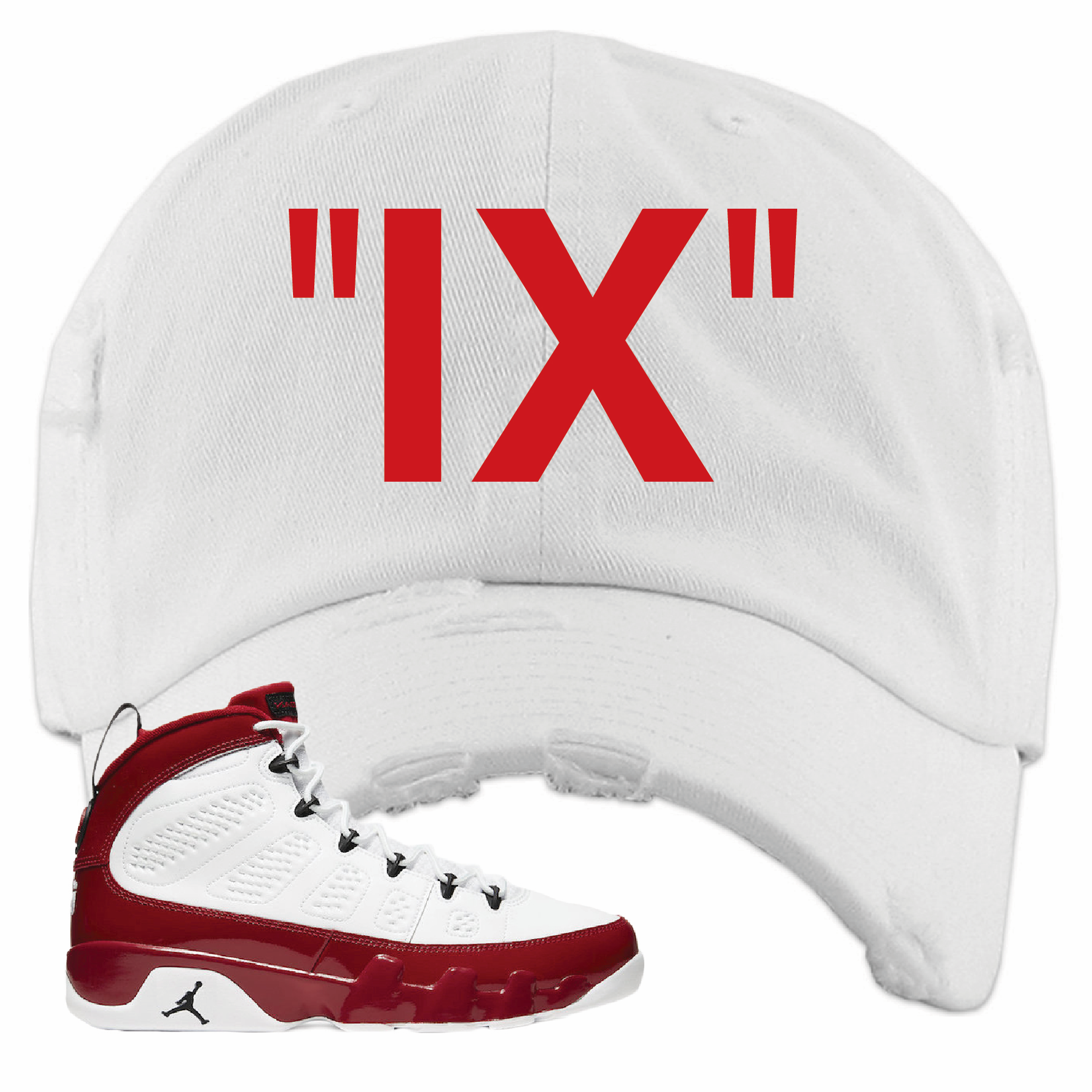 Jordan 9 Gym Red IX White Sneaker Hook Up Distressed Dad Hat