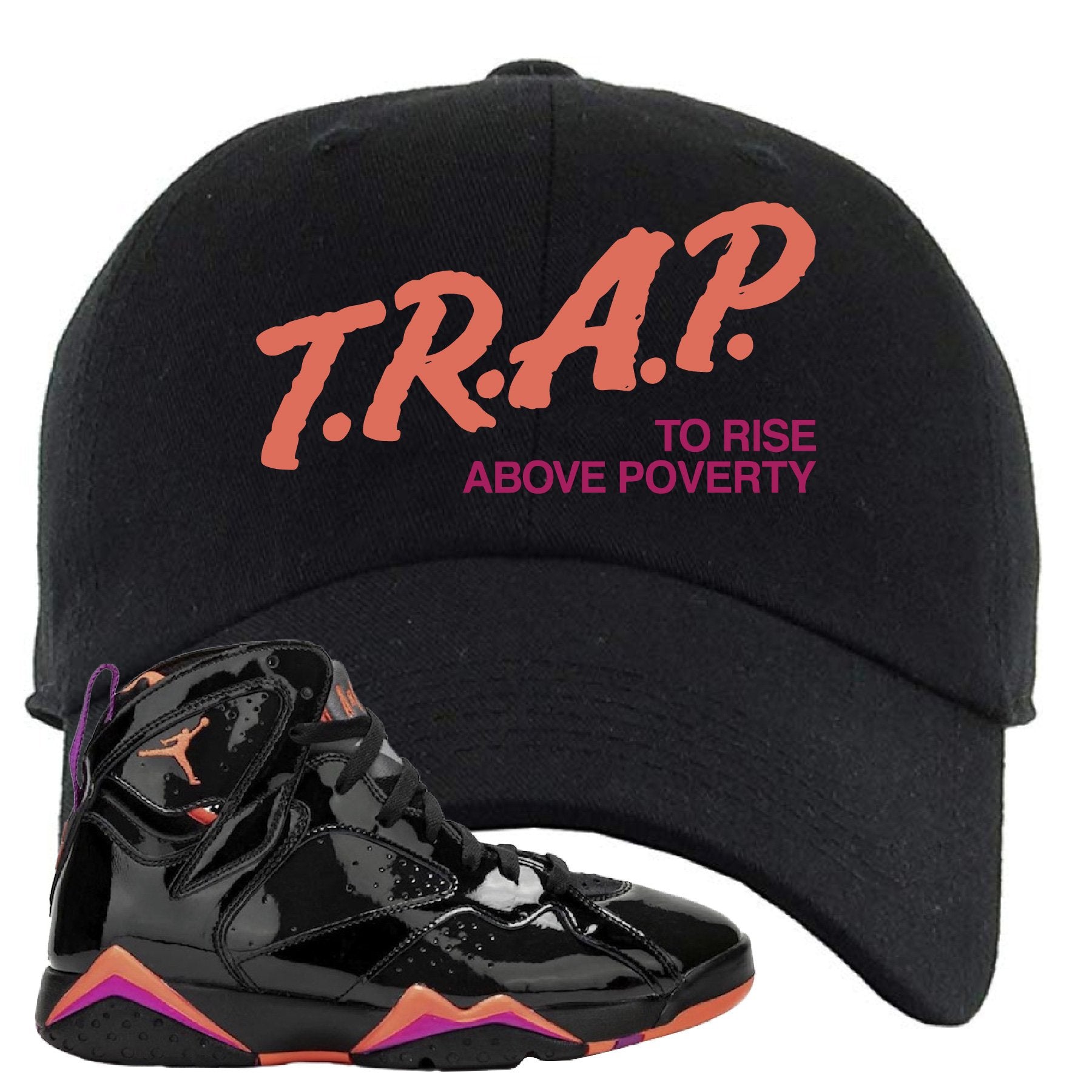 Jordan 7 WMNS Black Patent Leather Trap To Rise Above Poverty Black Sneaker Hook Up Dad Hat
