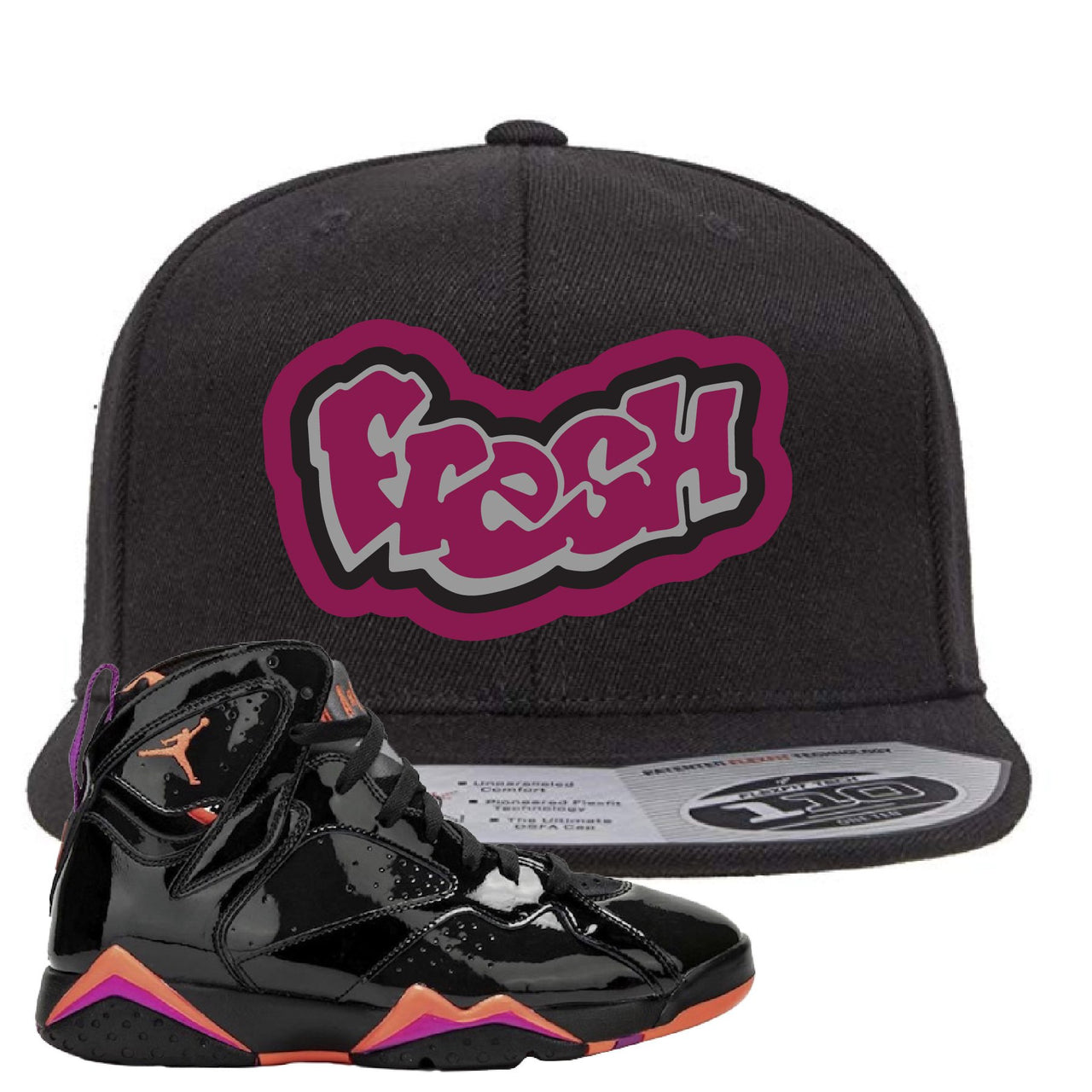 Jordan 7 WMNS Black Patent Leather Fresh Black Sneaker Hook Up Snapback Hat