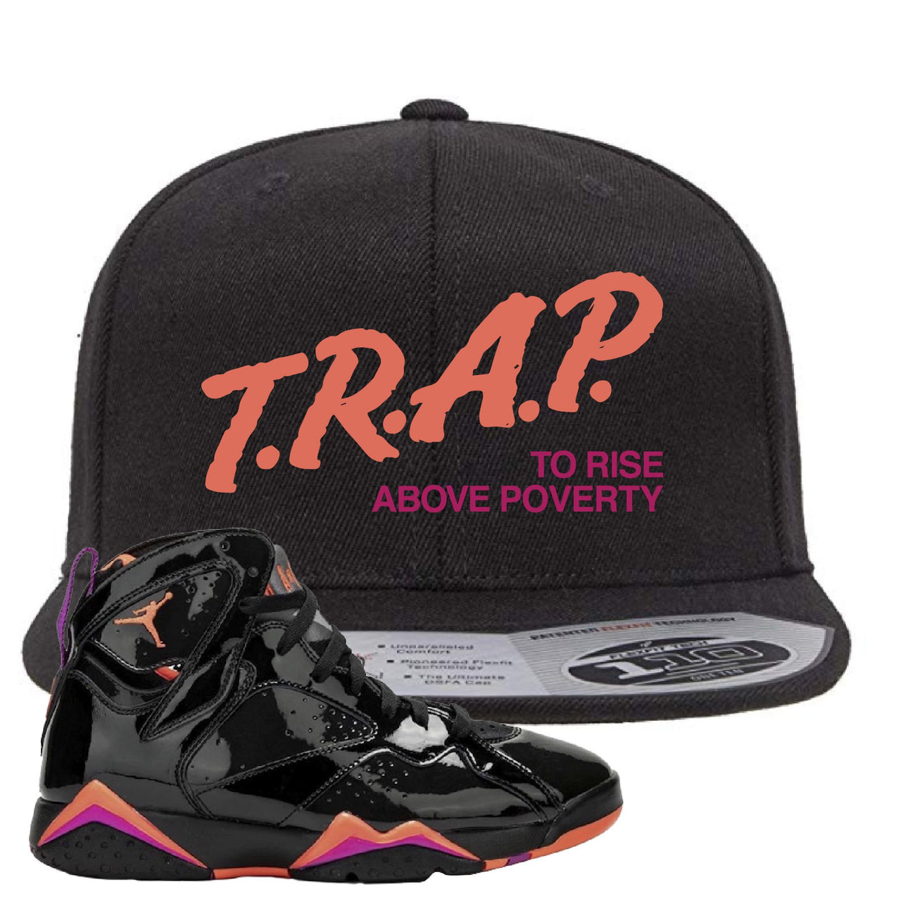 Jordan 7 WMNS Black Patent Leather Trap To Rise Above Poverty Black Sneaker Hook Up Snapback Hat