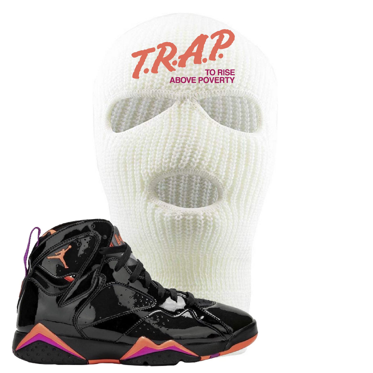 Jordan 7 WMNS Black Patent Leather Trap To Rise Above Poverty White Sneaker Hook Up Ski Mask
