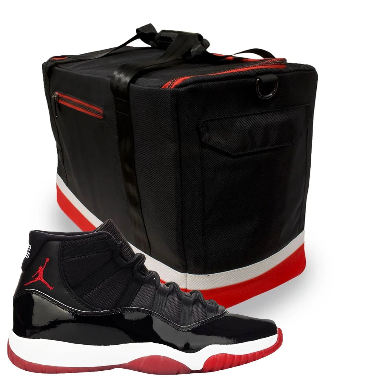 The Foot Clan Jordan 11 Bred Sneaker Matching Sneaker Duffle Bag is black, white, and red with patent leather accents