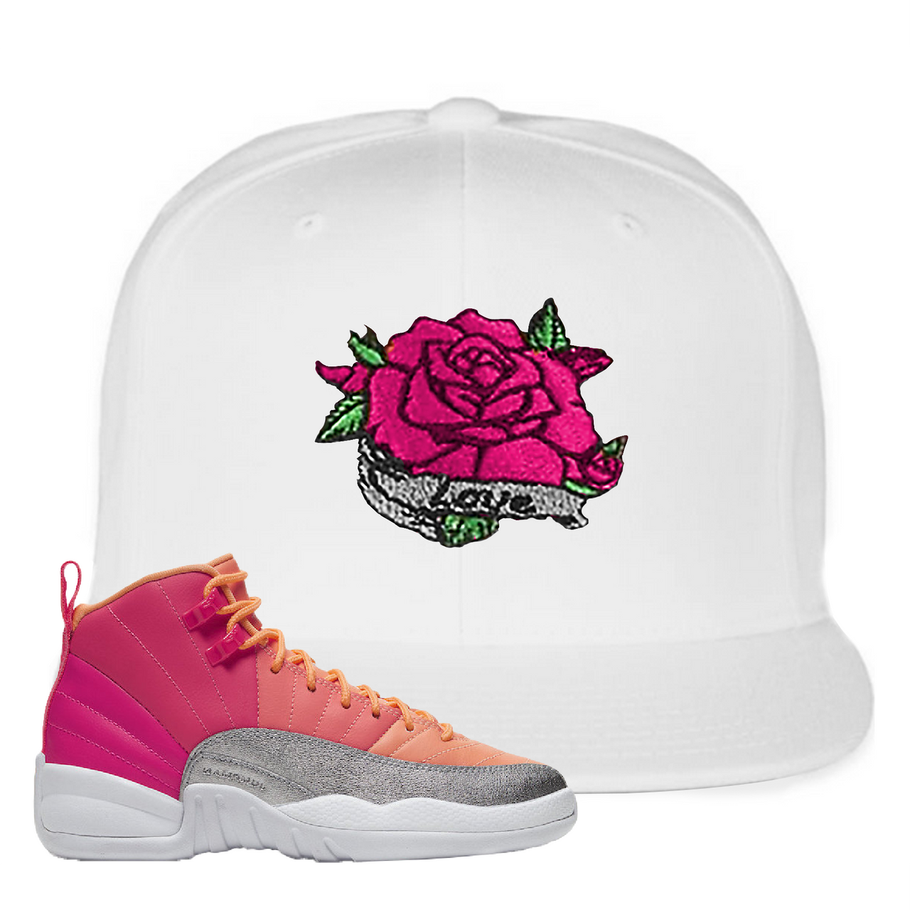 Air Jordan 12 GS Hot Punch Rose Love White Sneaker Matching Snapback Hat