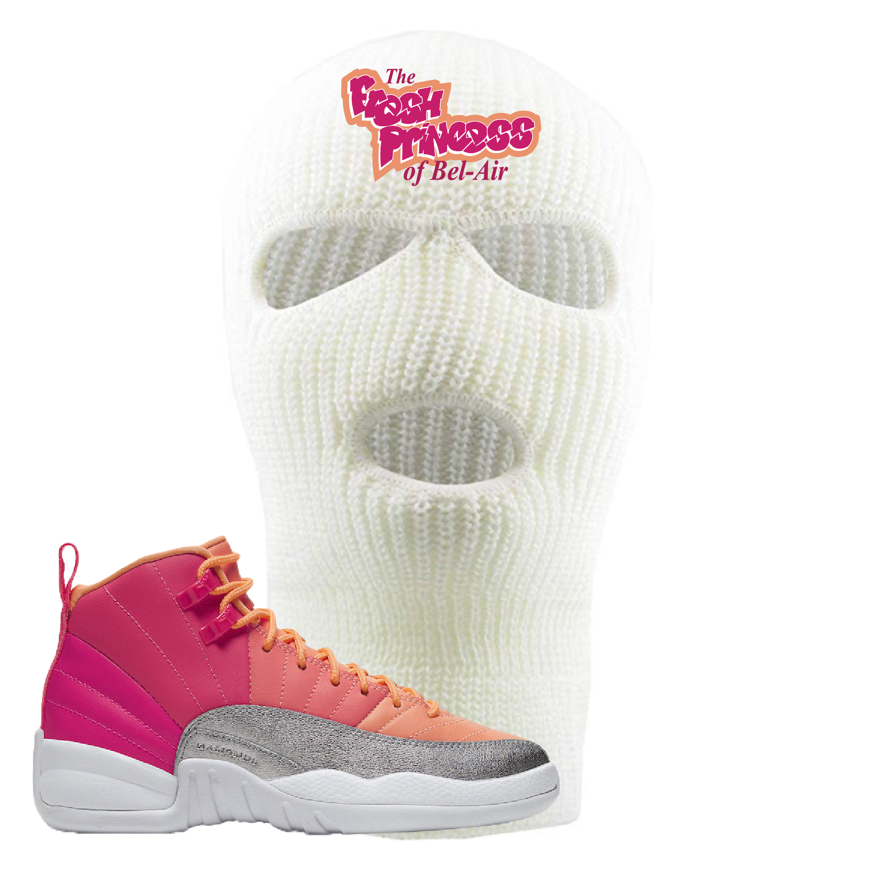 Air Jordan 12 GS Hot Punch Fresh Princess of Bel Air White Sneaker Matching Ski Mask