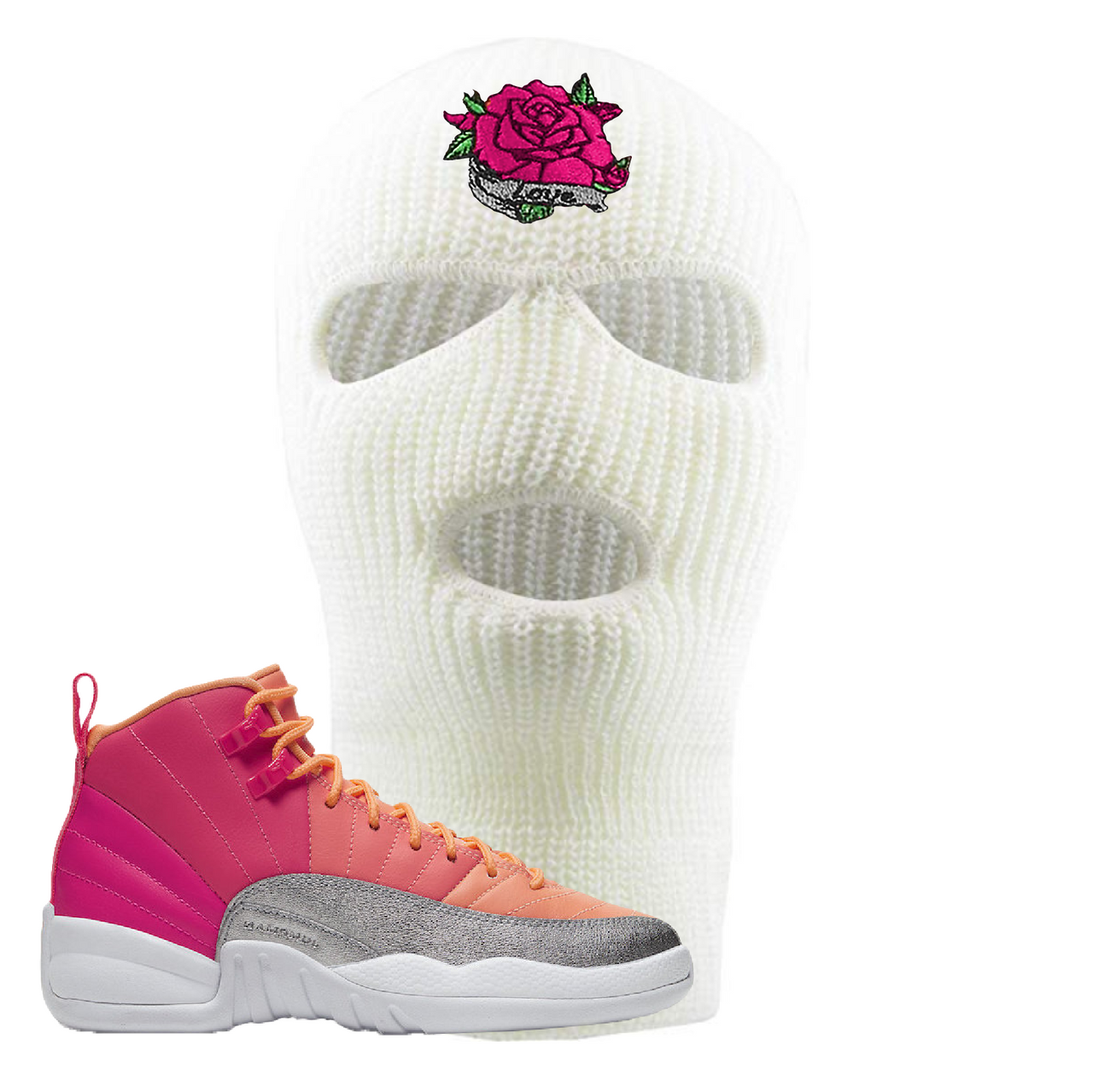 Air Jordan 12 GS Hot Punch Rose Love White Sneaker Matching Ski Mask
