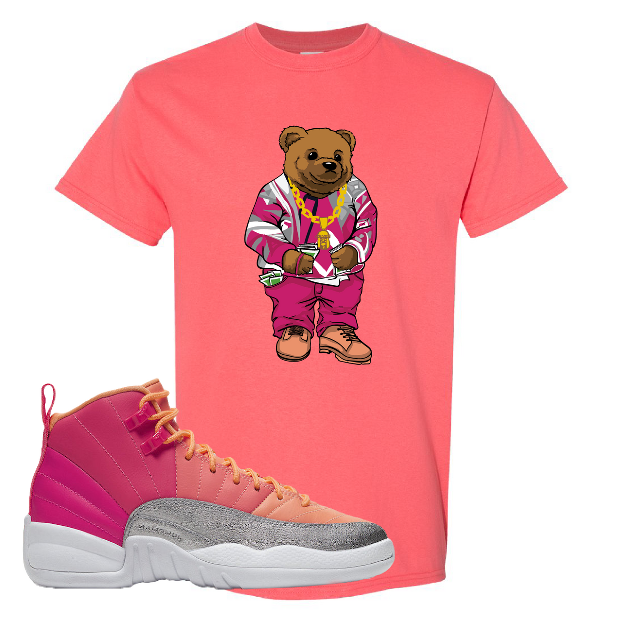 Air Jordan 12 GS Hot Punch Sweater Bear Coral Silk Sneaker Matching T-Shirt