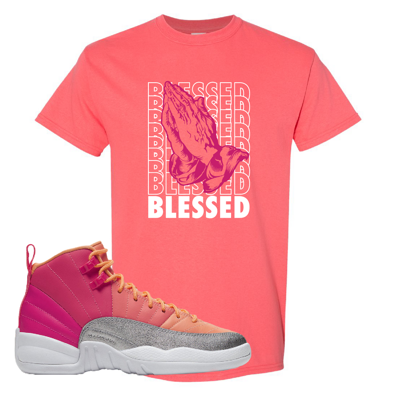 Air Jordan 12 GS Hot Punch Blessed Coral Silk Sneaker Matching T-Shirt