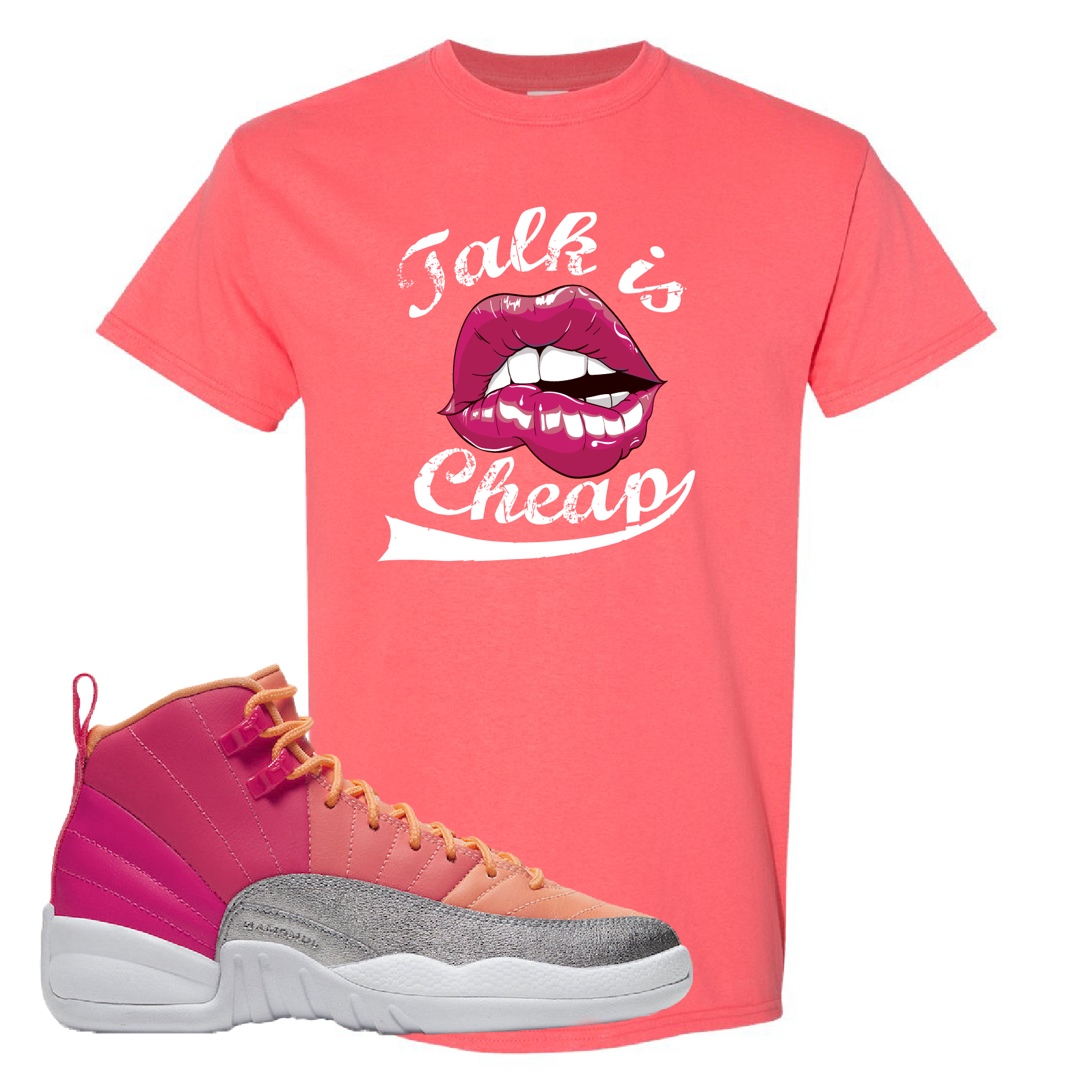 Air Jordan 12 GS Hot Punch Talk is Cheap Coral Silk Sneaker Matching T-Shirt