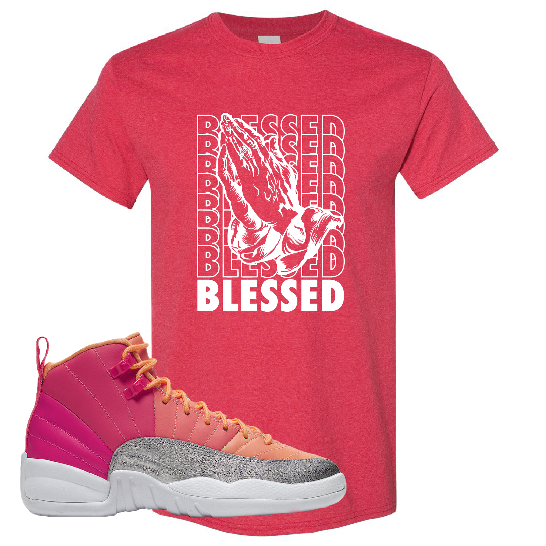 Air Jordan 12 GS Hot Punch Blessed Heather Red Sneaker Matching T-Shirt