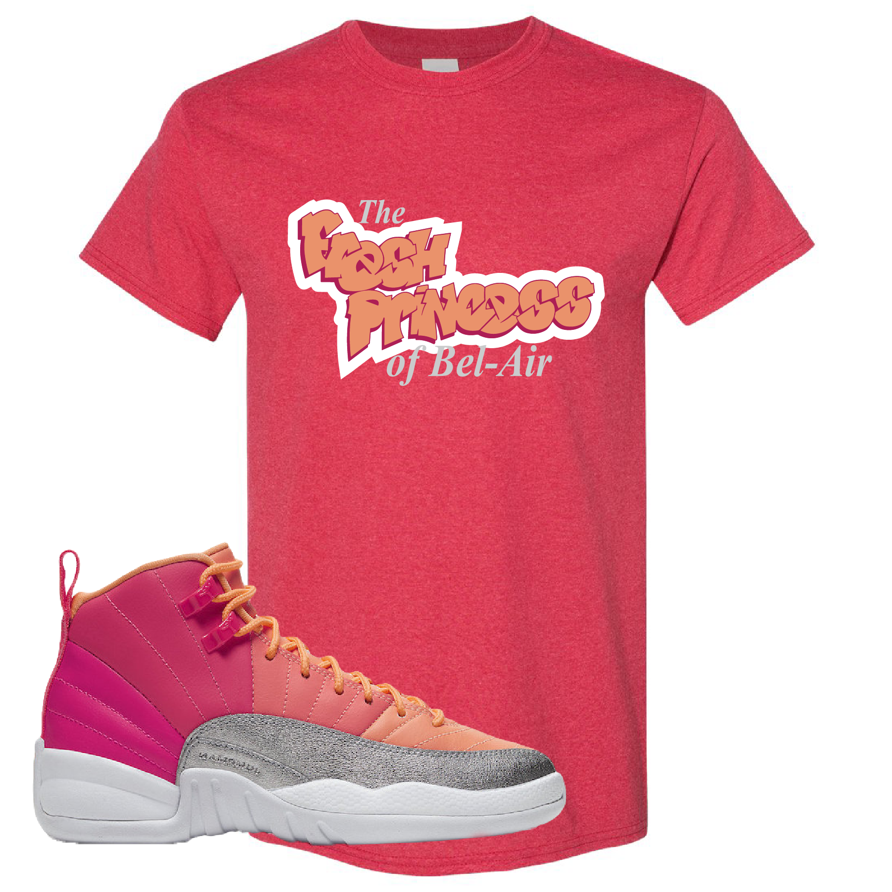 Air Jordan 12 GS Hot Punch Fresh Princess of Bel Air Heather Red Sneaker Matching T-Shirt