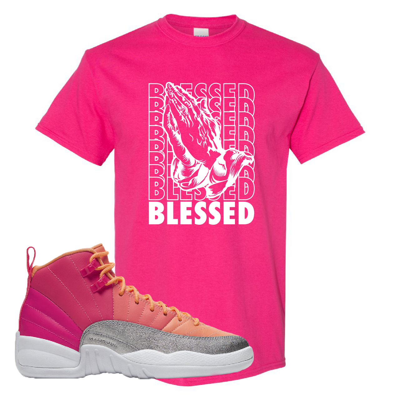 Air Jordan 12 GS Hot Punch Blessed Heliconia Sneaker Matching T-Shirt