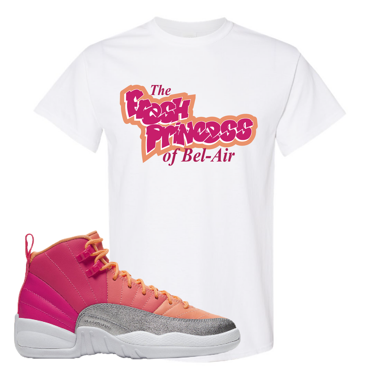 Air Jordan 12 GS Hot Punch Fresh Princess of Bel Air White Sneaker Matching T-Shirt